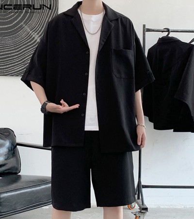 INCERUN男式短袖韩式休闲西装纽扣衬衫弹性腰间短裤套装(韩式) INCERUN男式短袖韩式休闲西装纽扣衬衫弹性腰间短裤套装(韩式)